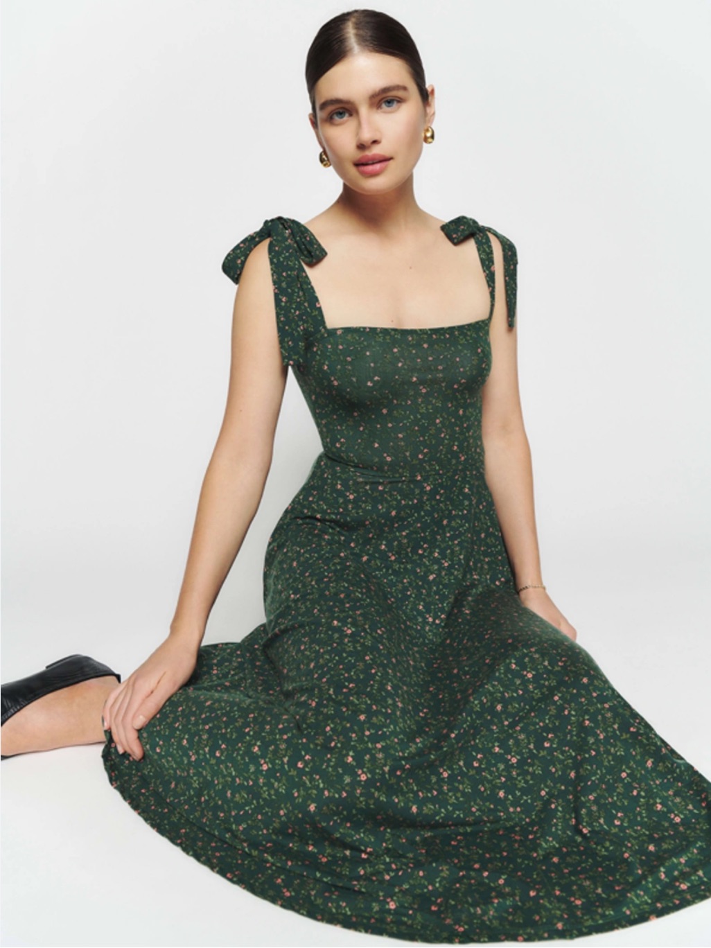 Reformation Dark Green Floral Tie-Shoulder Midi Dress
